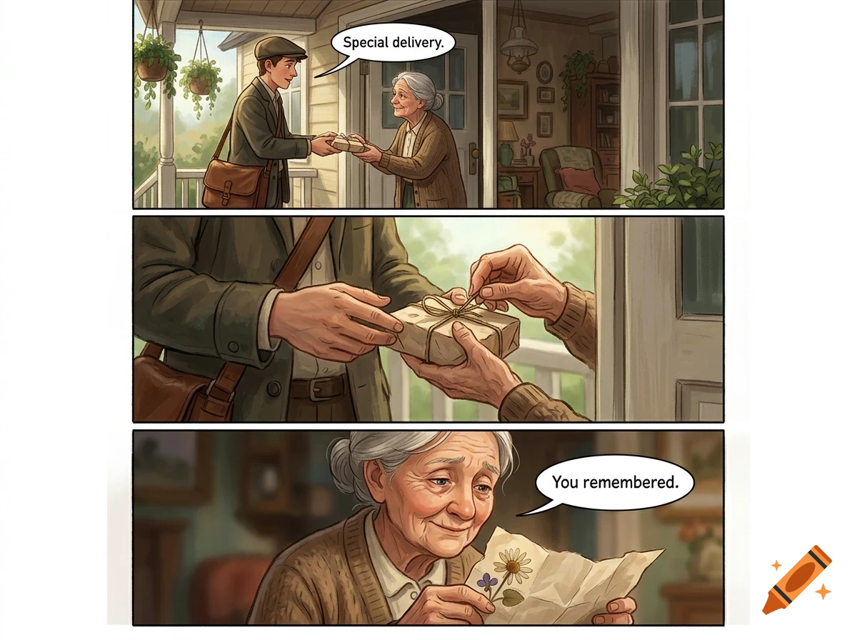 A comic strip showing a delivery person handing a wrapped package to an elderly woman at a doorway, followed by a close-up of the hands exchanging the package, and the woman reading a letter with floral illustrations.