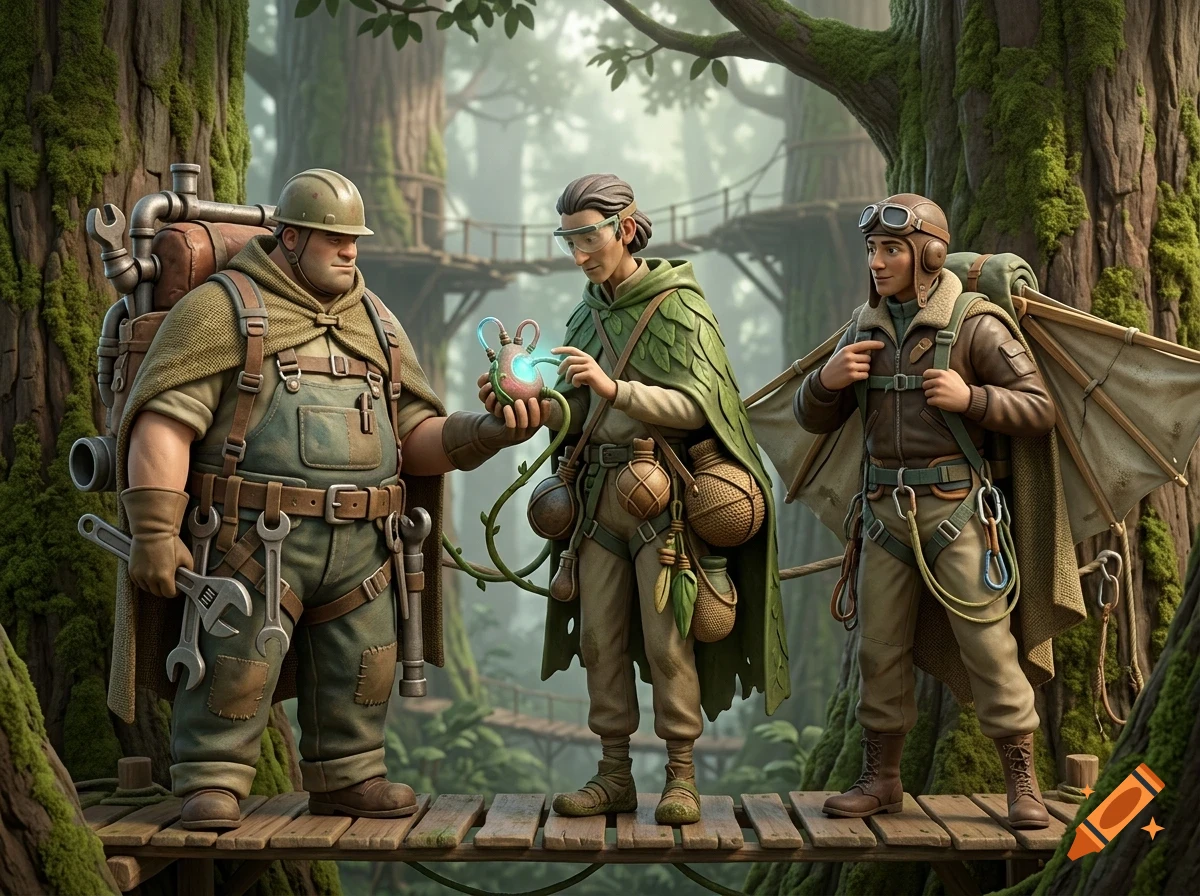 Three stylized characters stand on a wooden walkway in a forest, examining a glowing device.