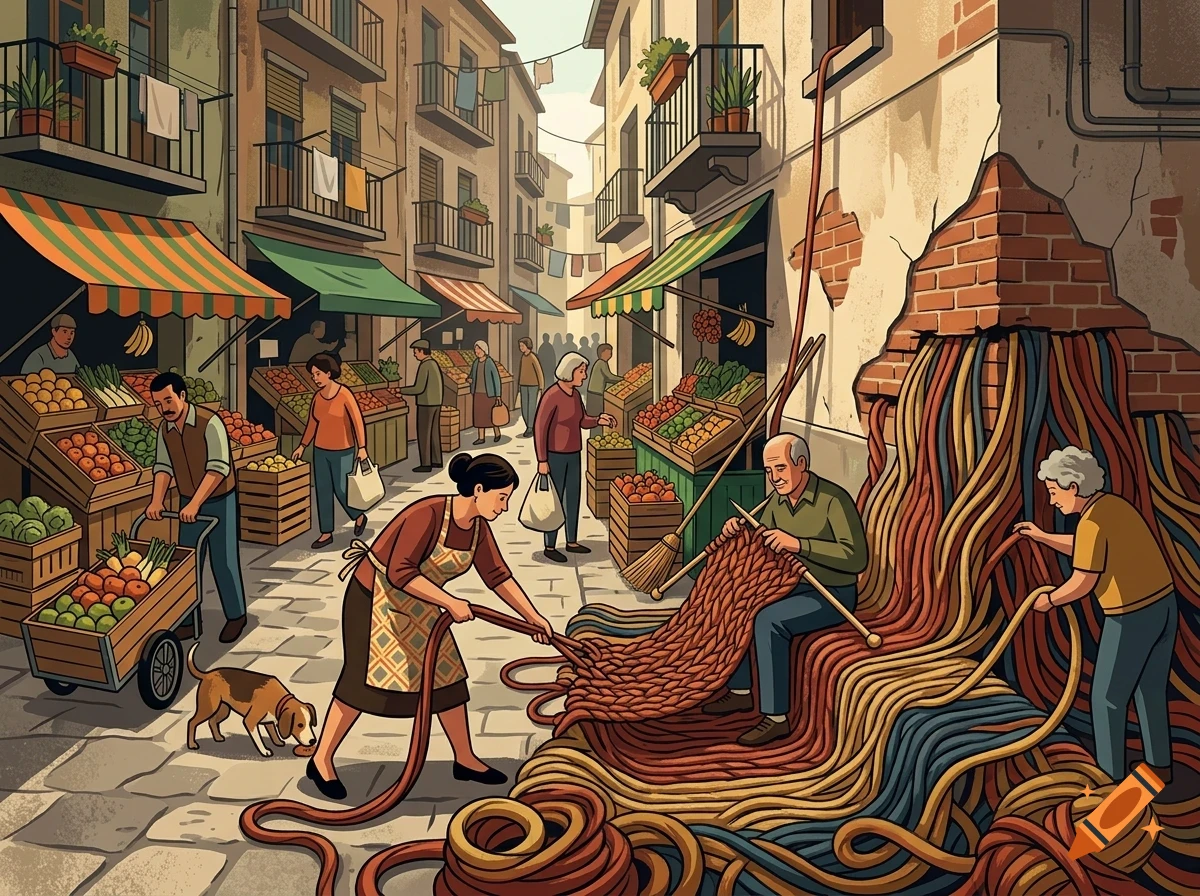An illustrated street market scene where elderly people are knitting and weaving colorful cables emerging from a broken brick wall.