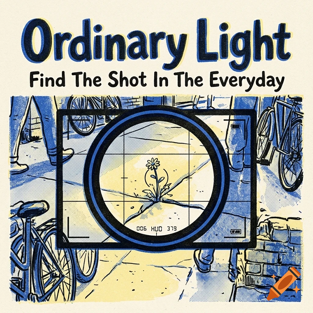 An illustrated poster with blue and yellow tones featuring text 'Ordinary Light' and 'Find The Shot In The Everyday' over a camera viewfinder framing a flower growing through pavement.