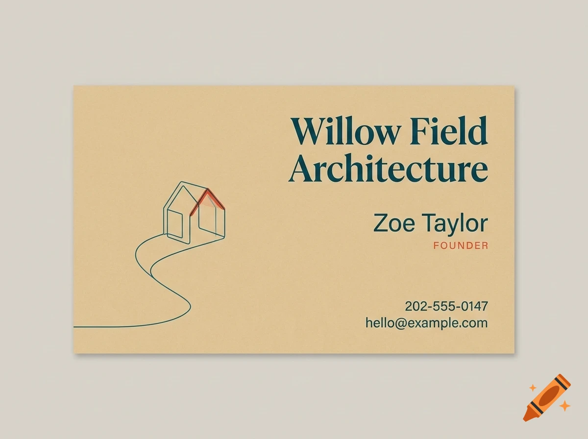 A minimalist business card for Willow Field Architecture featuring a simple line drawing of a house with a winding path and dark serif text.