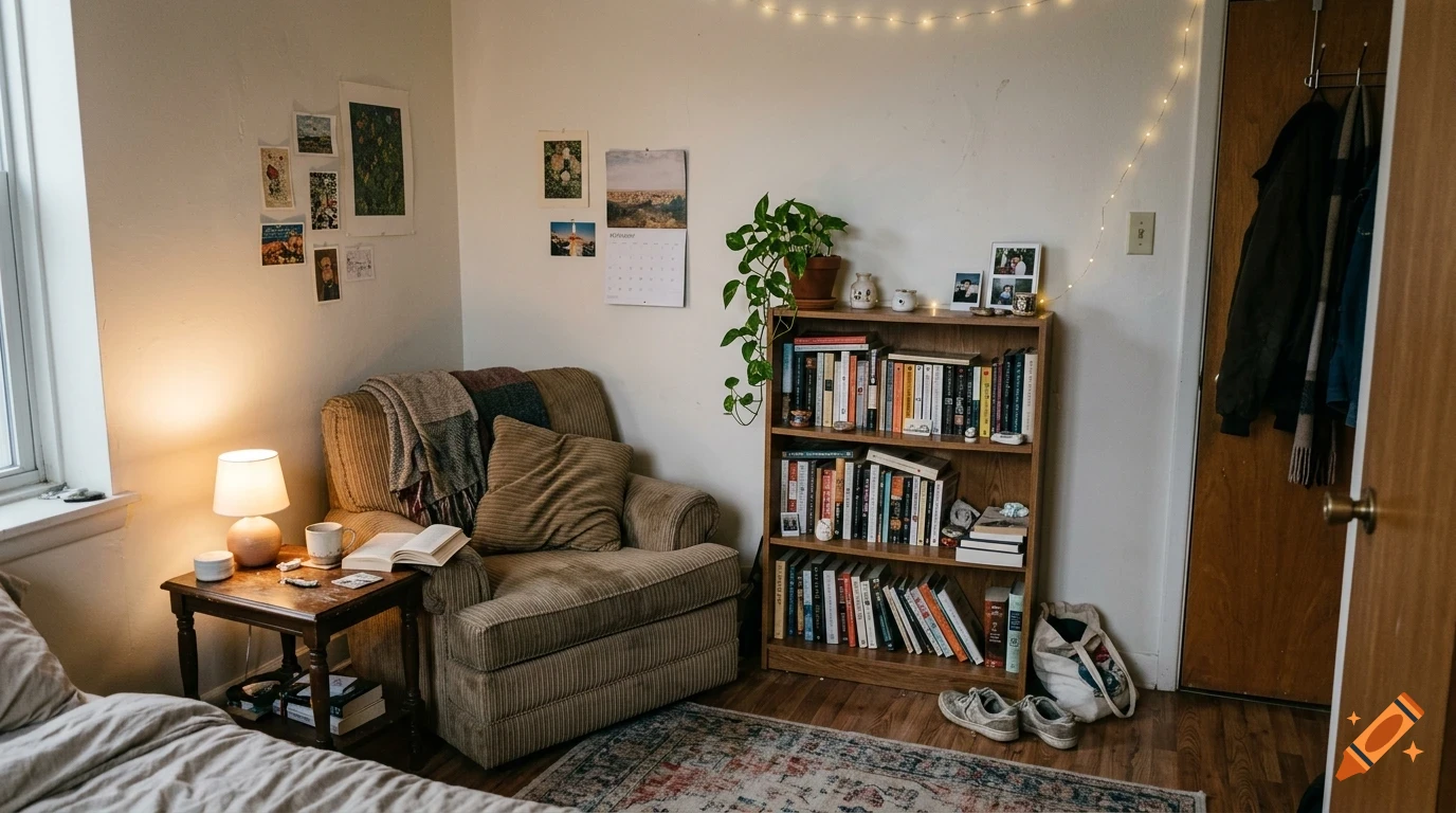 A cozy bedroom corner with a reading armchair, a wooden bookshelf filled with books, a side table with a lamp, and string lights on the wall.