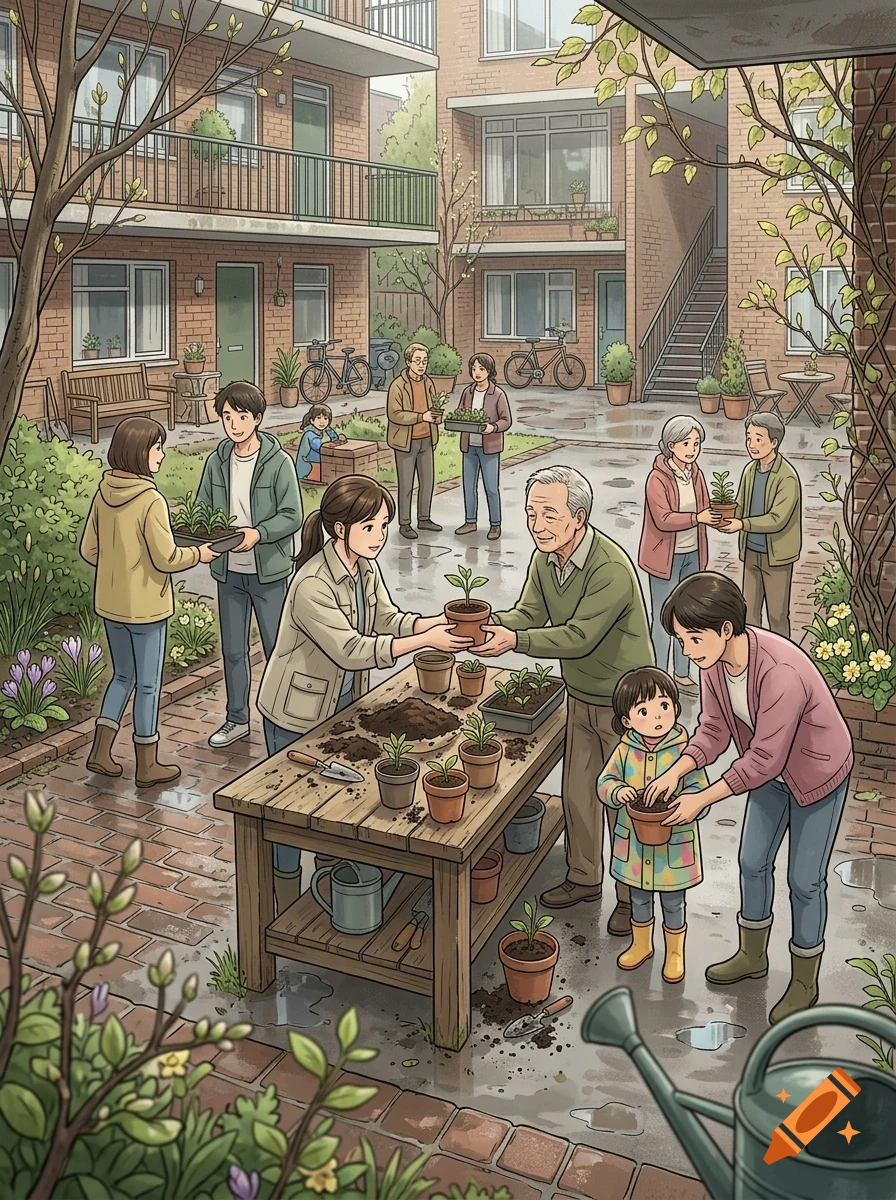 An illustrated scene shows people of various ages gardening together in a brick courtyard surrounded by apartment buildings.