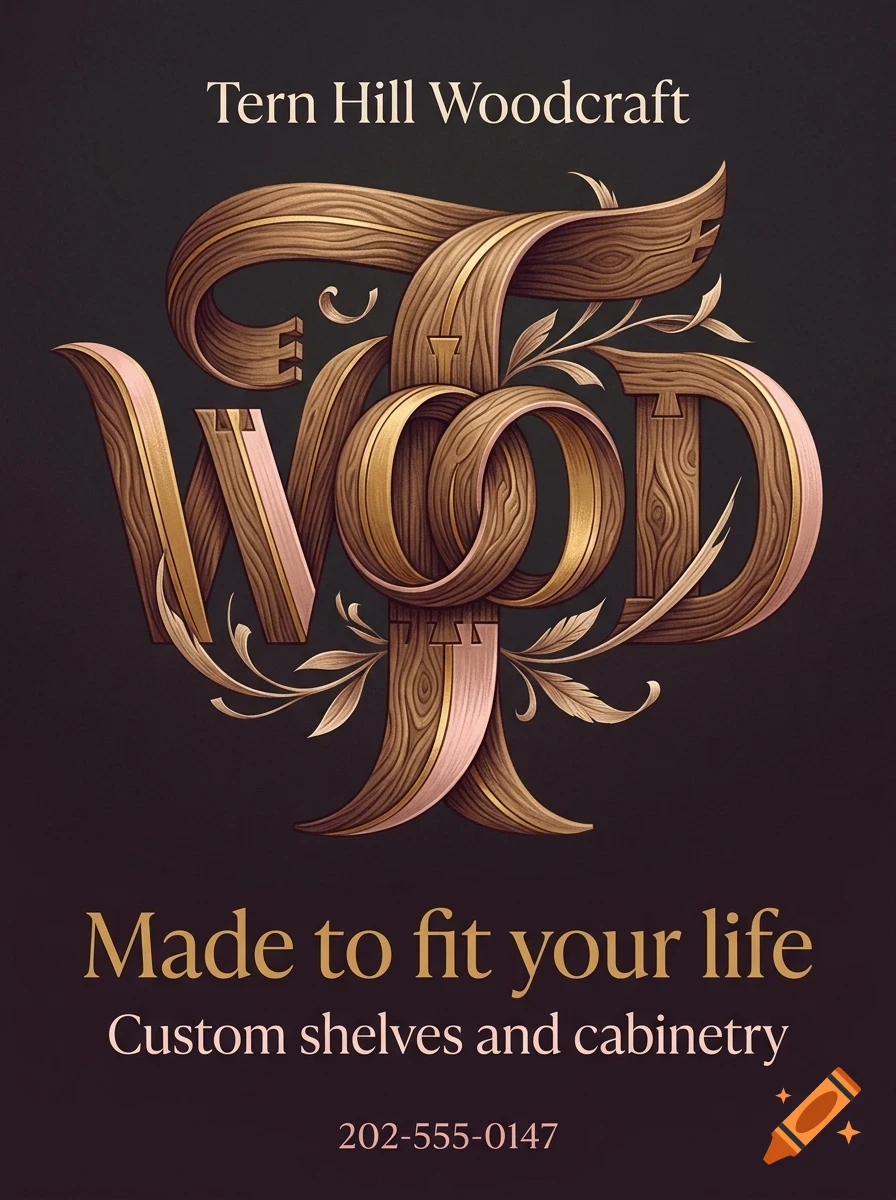An ornate wooden-textured typographic design reading 'TWOD' on a dark background, with text above and below.