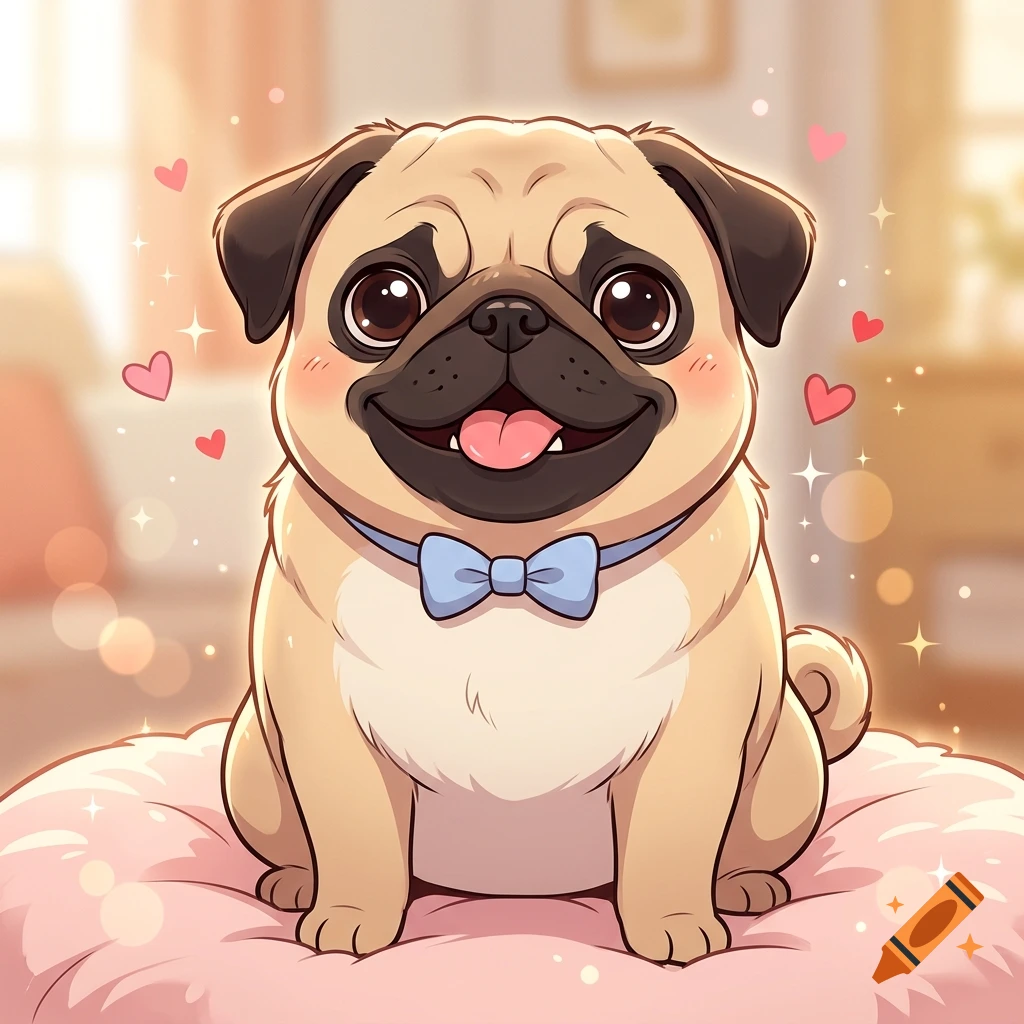 An illustration of a cute pug sitting on a pink cushion, wearing a light blue bow tie, surrounded by small hearts and sparkles.
