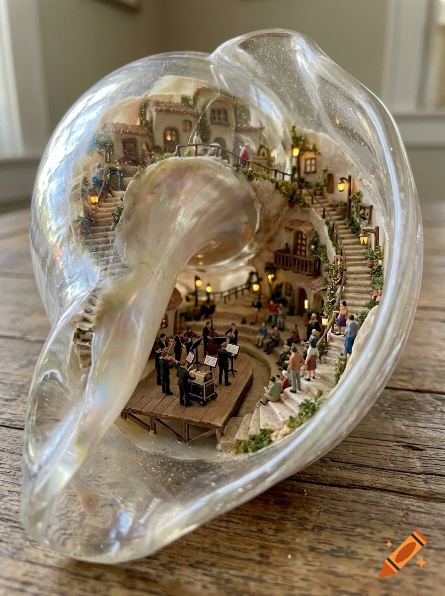 A miniature diorama of a coastal Italian village built inside a hollowed-out seashell, featuring a tiny orchestra performing on a wooden stage for an audience seated on stone steps and pathways.