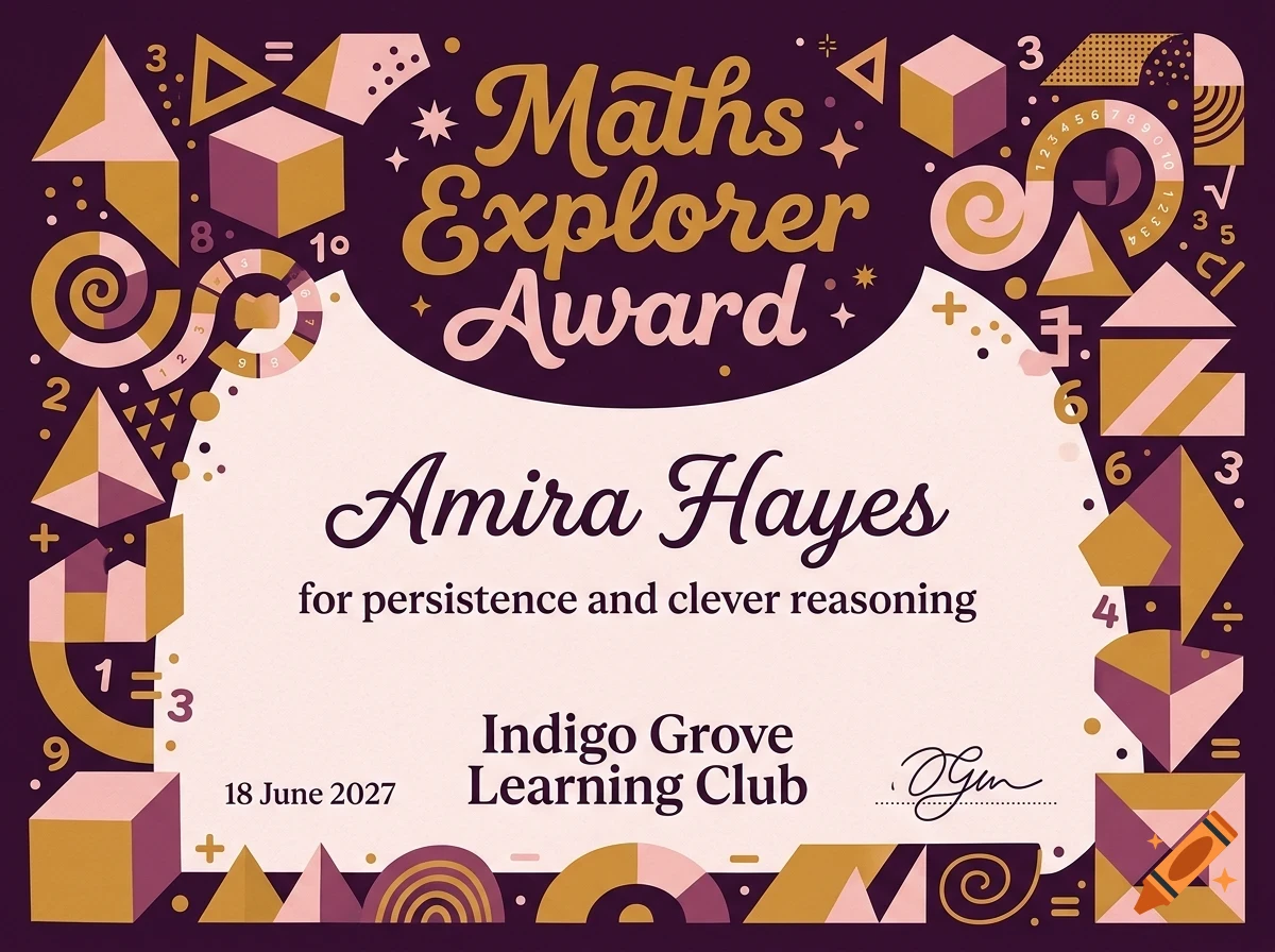 An award certificate featuring geometric patterns, numbers, and the text Maths Explorer Award presented to Amira Hayes.