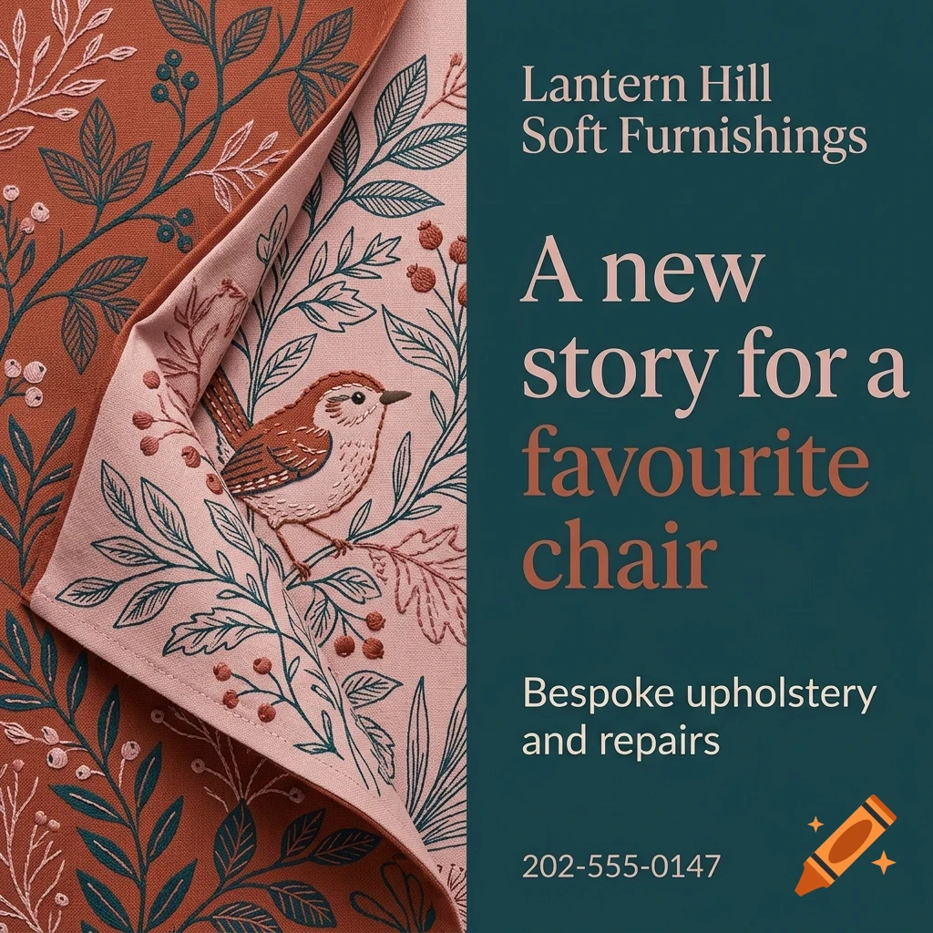 An advertisement featuring folded fabrics with botanical embroidery and a small bird, alongside text for Lantern Hill Soft Furnishings.