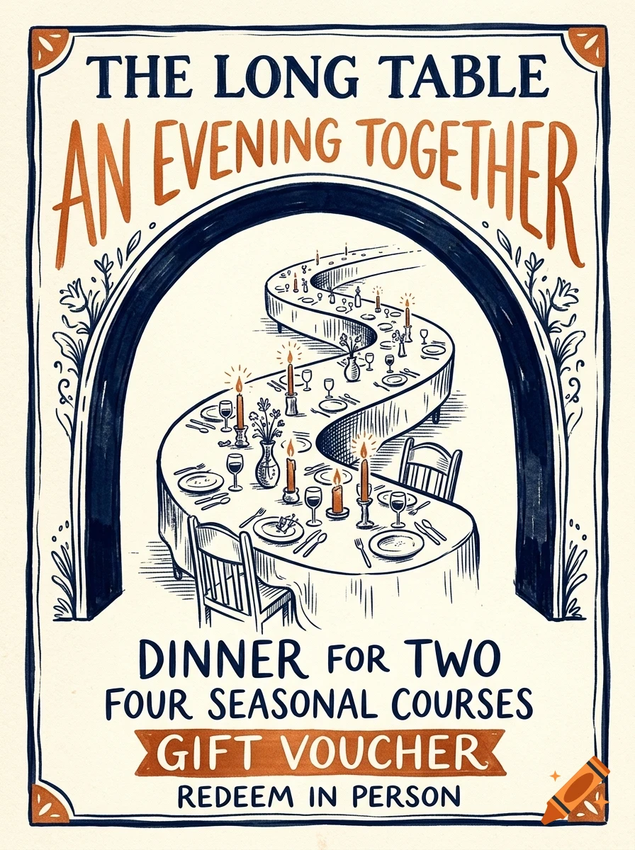 An illustrated poster for The Long Table featuring a winding dining table set with candles and plates, framed by an archway and text.
