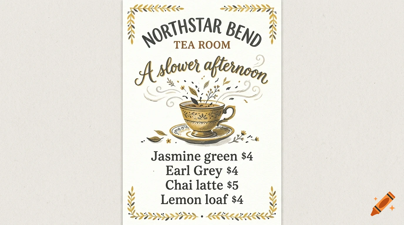 An illustrated menu for Northstar Bend Tea Room showing tea and loaf prices with a teacup illustration.