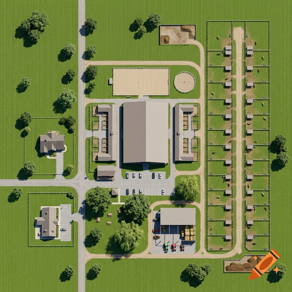 Top-down view of an equestrian ranch featuring paddocks, barns, riding arenas, and a main house.