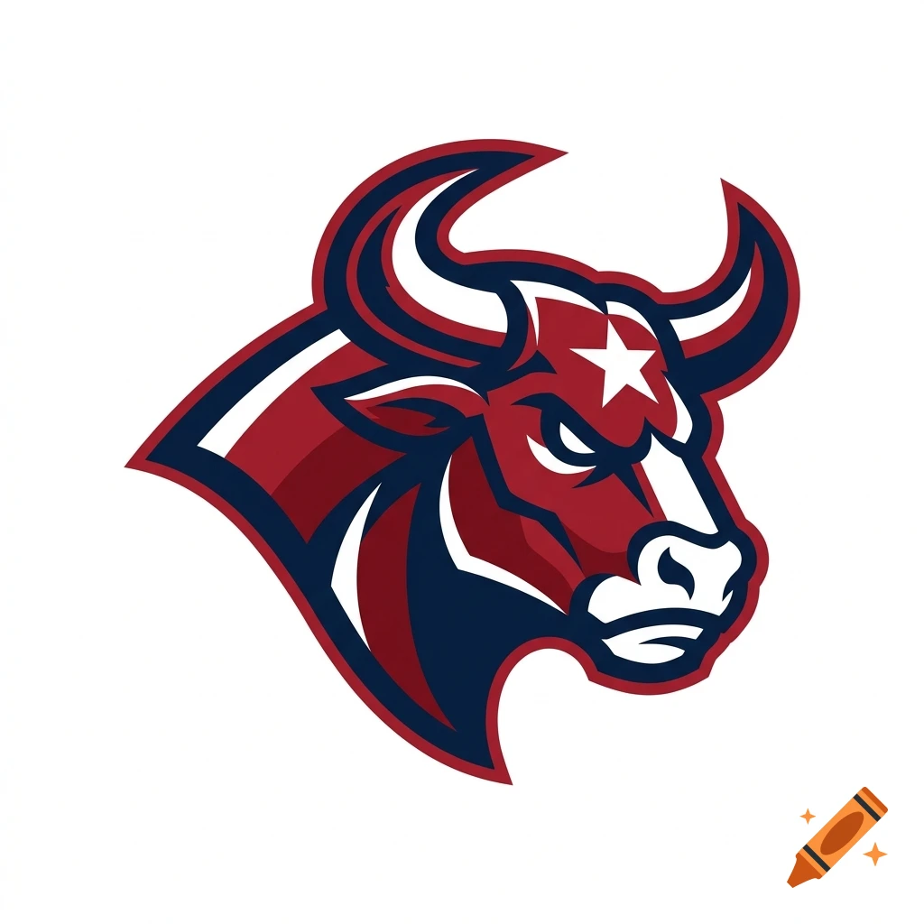 Stylized red and blue bull head logo with a white star on its forehead against a white background.