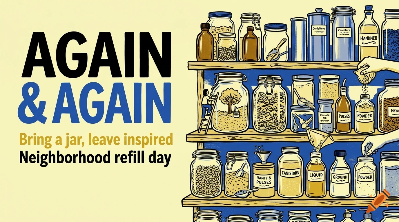 An illustrated poster featuring shelves filled with various glass jars and containers, alongside large bold text reading 'AGAIN & AGAIN'.
