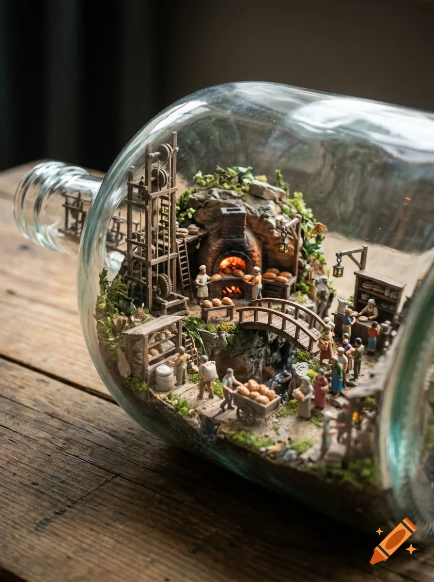 A miniature diorama inside a glass bottle depicting a busy medieval bakery village with tiny figures, a stone oven, a wooden bridge, and scaffolding.