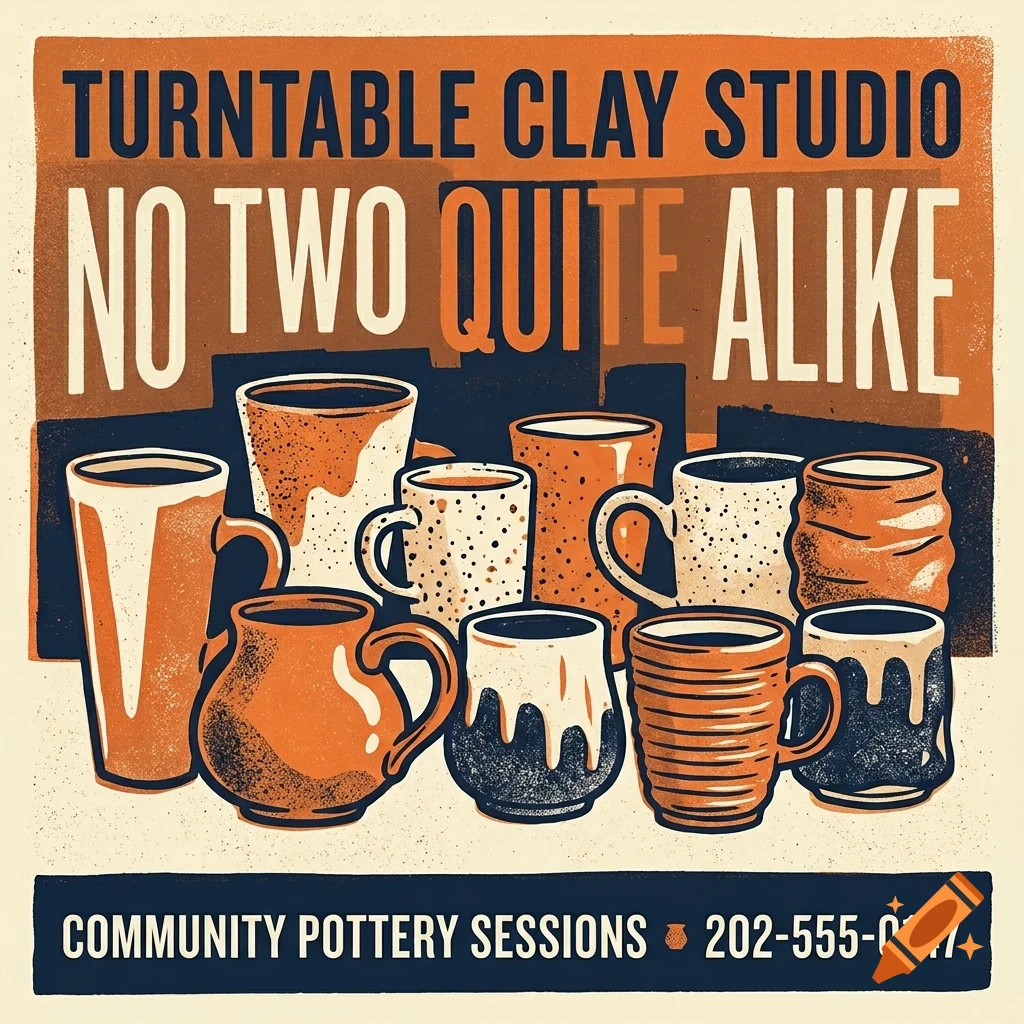 An illustration poster for a clay studio featuring various ceramic mugs and pottery in orange and dark blue tones with text.
