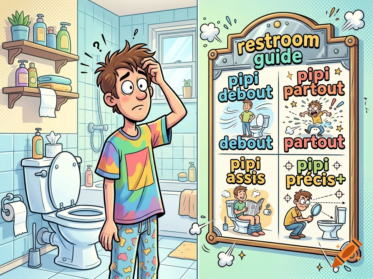 Comic style illustration of a confused man in a bathroom looking at a restroom guide sign with four panels.