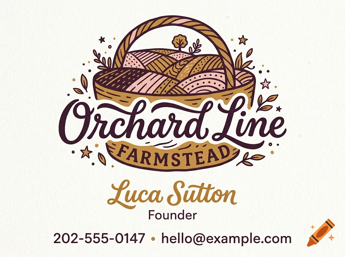 An illustrated logo featuring a basket filled with patterned fields, surrounded by foliage and stars, with the text Orchard Line Farmstead, Luca Sutton, Founder, phone number, and email.