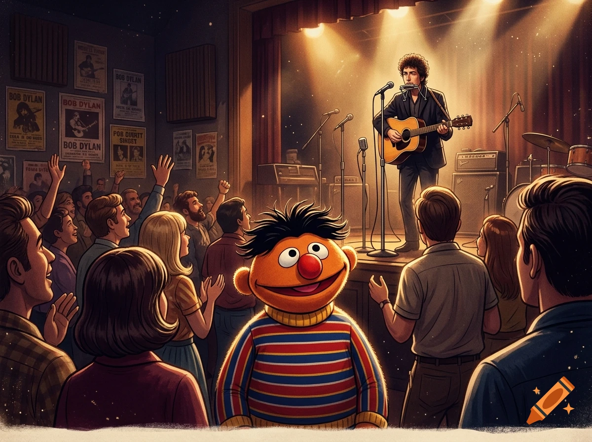 Ernie from Sesame Street stands in a crowd watching Bob Dylan perform on stage in a concert venue, illustration style.