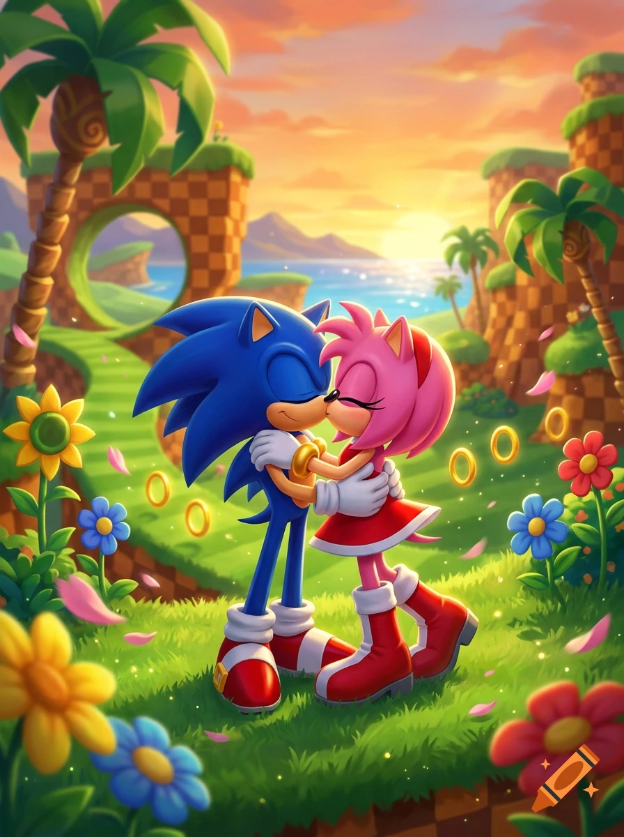 Sonic and Amy Rose hugging and kissing in a Green Hill Zone landscape during sunset, digital art style.