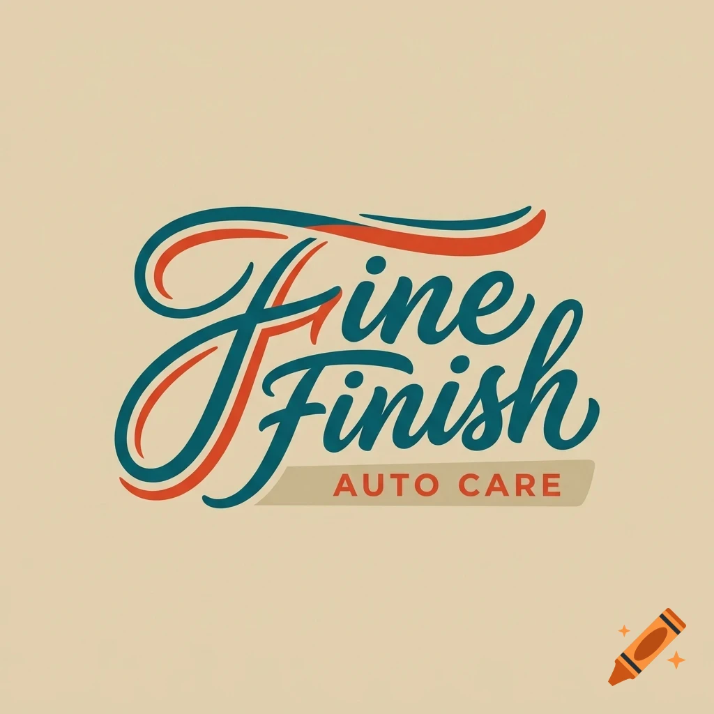 A logo featuring stylized cursive lettering that reads 'Fine Finish Auto Care' in teal and orange tones against a light background.