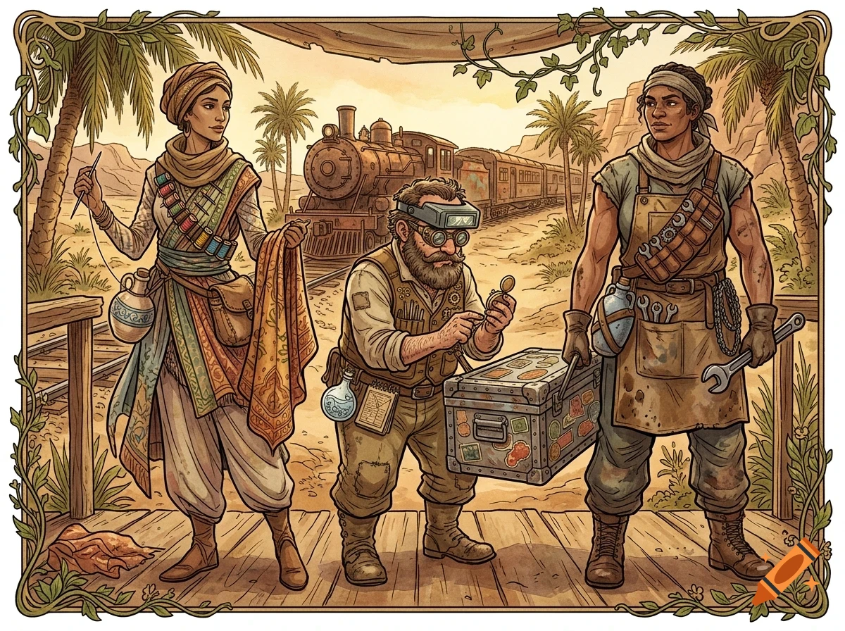Three diverse adventurers and mechanics stand outdoors with a train in the background.
