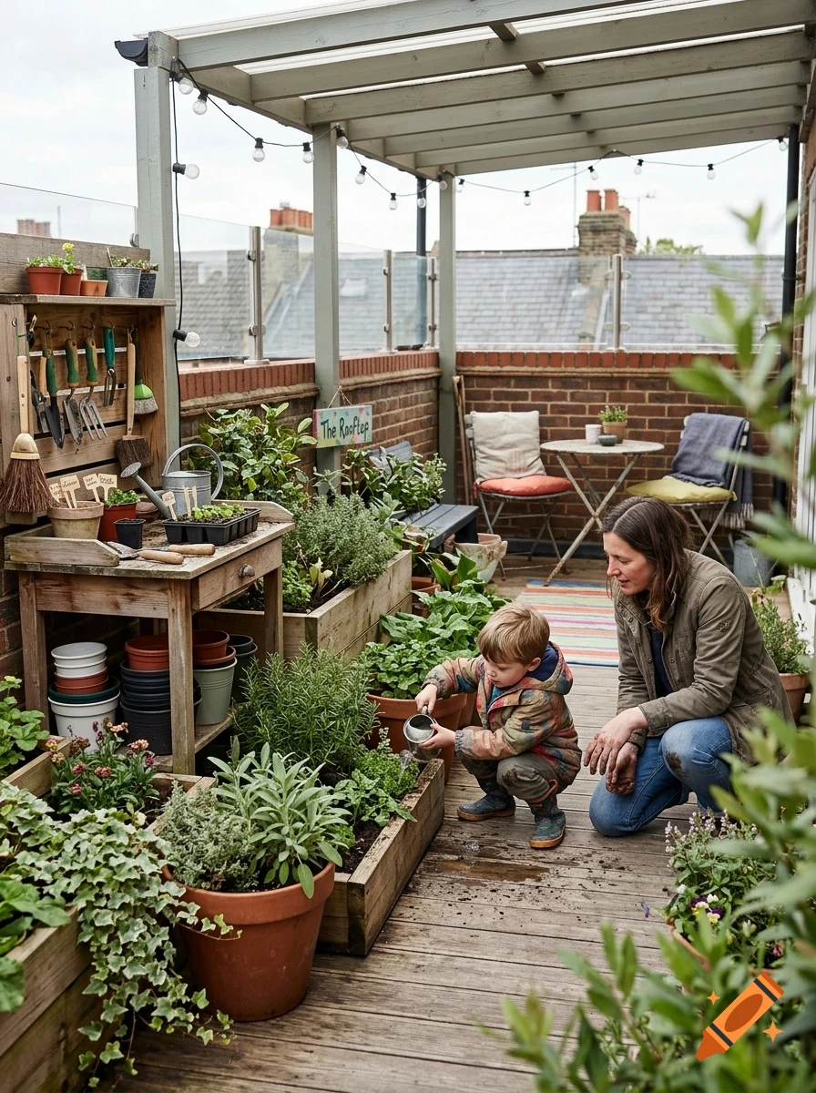 A woman and young child gardening together on a rooftop terrace filled with potted plants and wooden planter boxes.