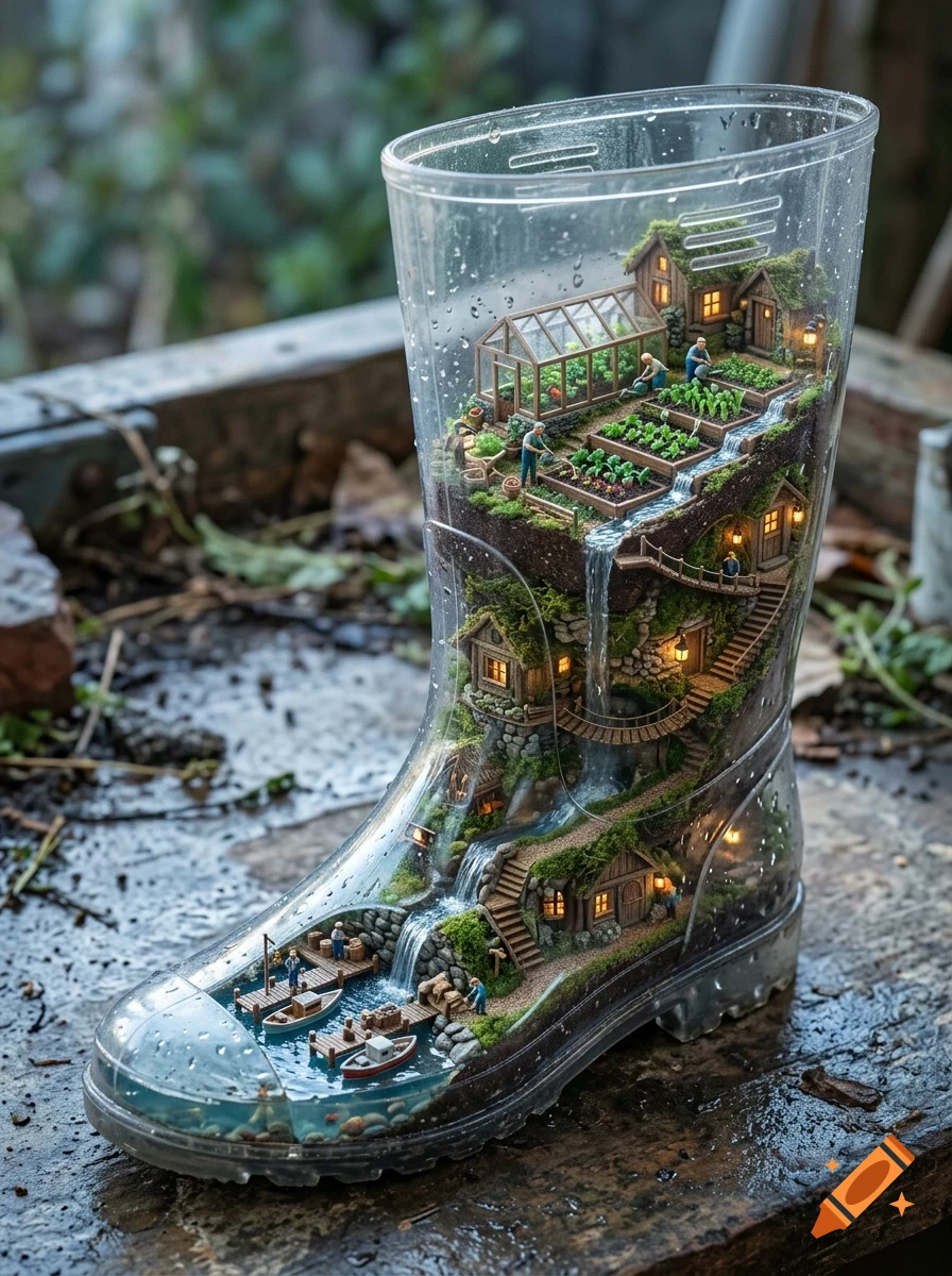 A miniature landscape with houses, gardens, and a waterfall built inside a transparent rain boot.