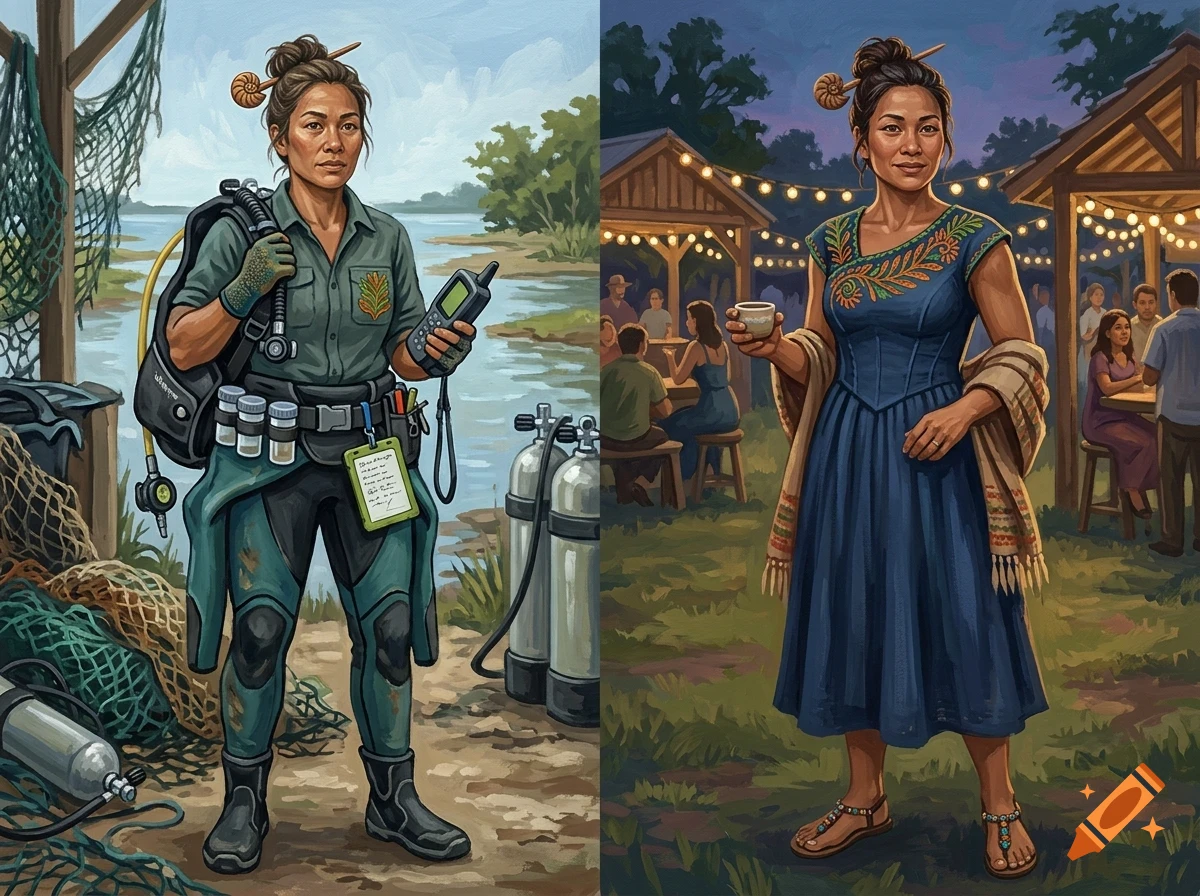 Two-panel illustration of a woman depicted as a diver in outdoor gear on the left, and in a blue dress at an evening gathering on the right.
