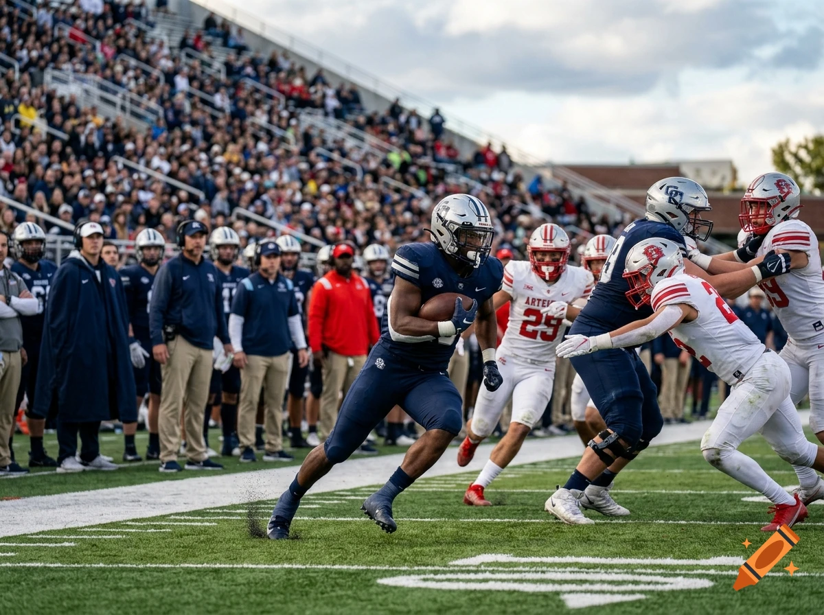 Photorealistic action shot of a football player running with the ball during a game outdoors at a packed stadium.