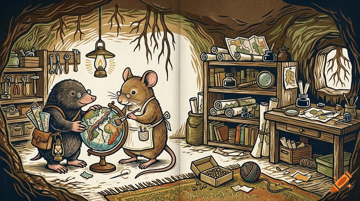 An illustrated book page showing a mole and a mouse in an underground burrow workshop, painting and studying a globe surrounded by maps, tools, and bookshelves.