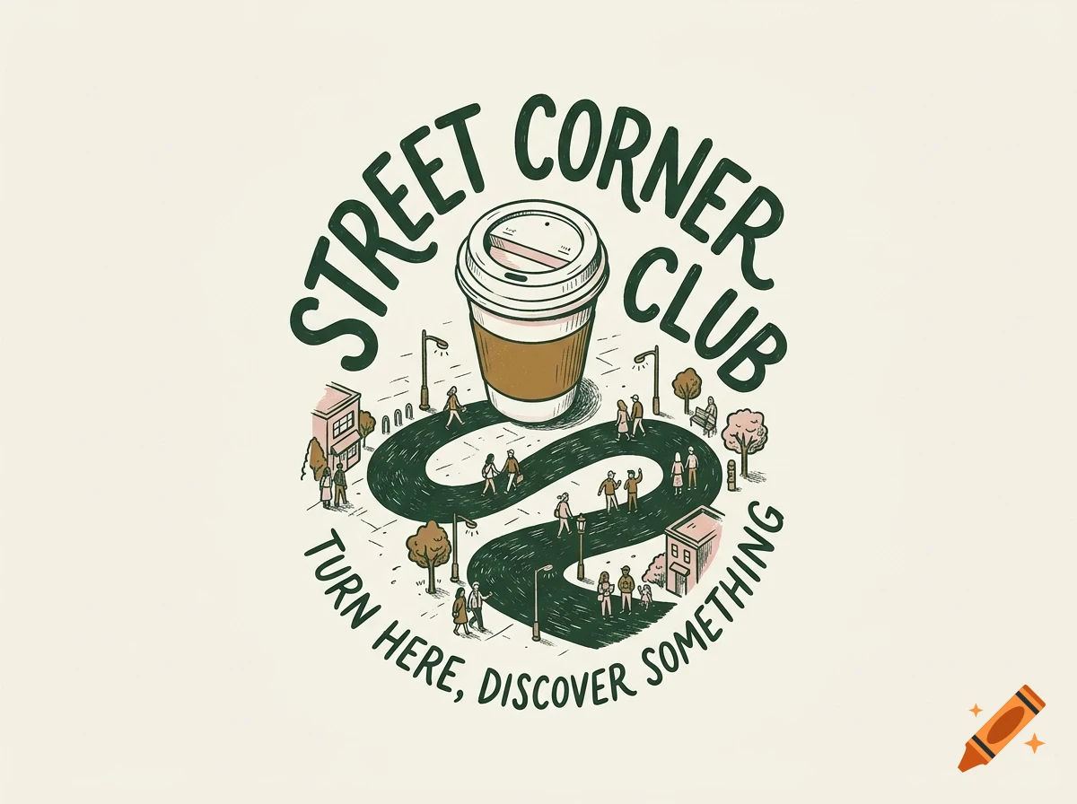 An illustrated logo featuring a giant coffee cup on a winding street with tiny people, buildings, and trees, surrounded by the text STREET CORNER CLUB and TURN HERE, DISCOVER SOMETHING.