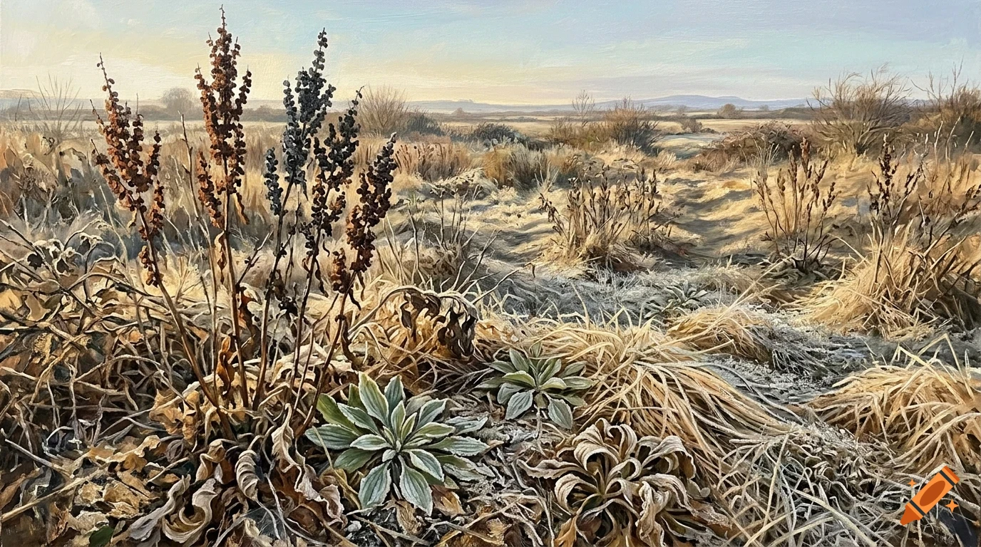 An oil painting of a frosty winter meadow with dried plants and grasses under a pale sky.