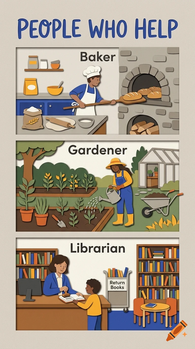 An educational poster titled 'People Who Help' featuring three panels illustrating a baker, a gardener, and a librarian.