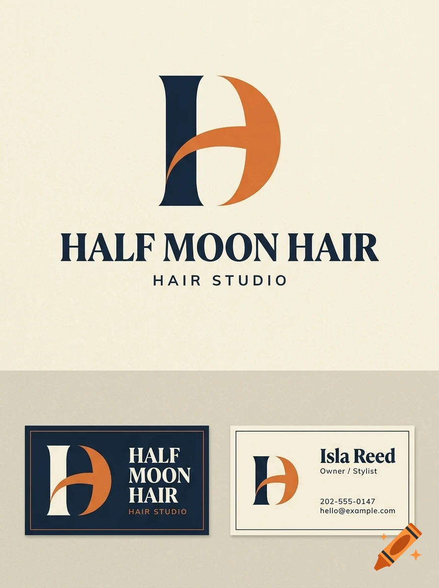 Branding design featuring a stylized monogram logo with the text HALF MOON HAIR HAIR STUDIO, shown alongside business card mockups.