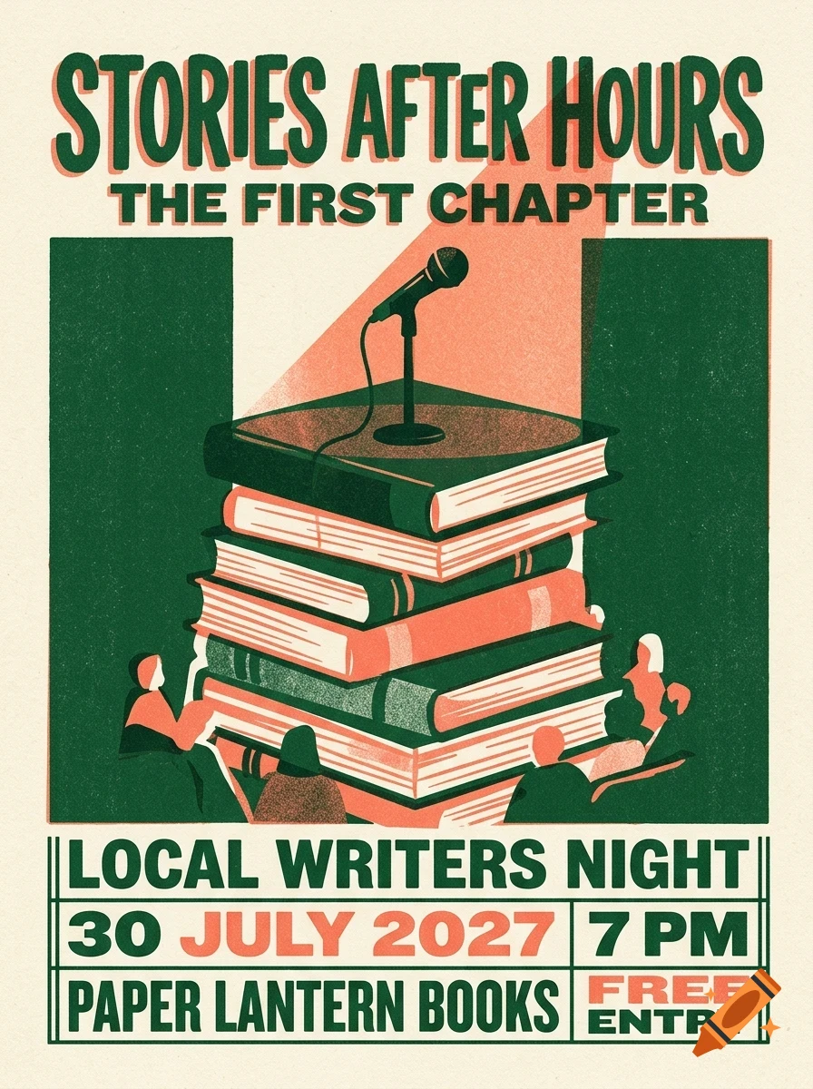 A poster titled Stories After Hours for a local writers night, featuring a stack of books with a microphone on top and people gathered around.