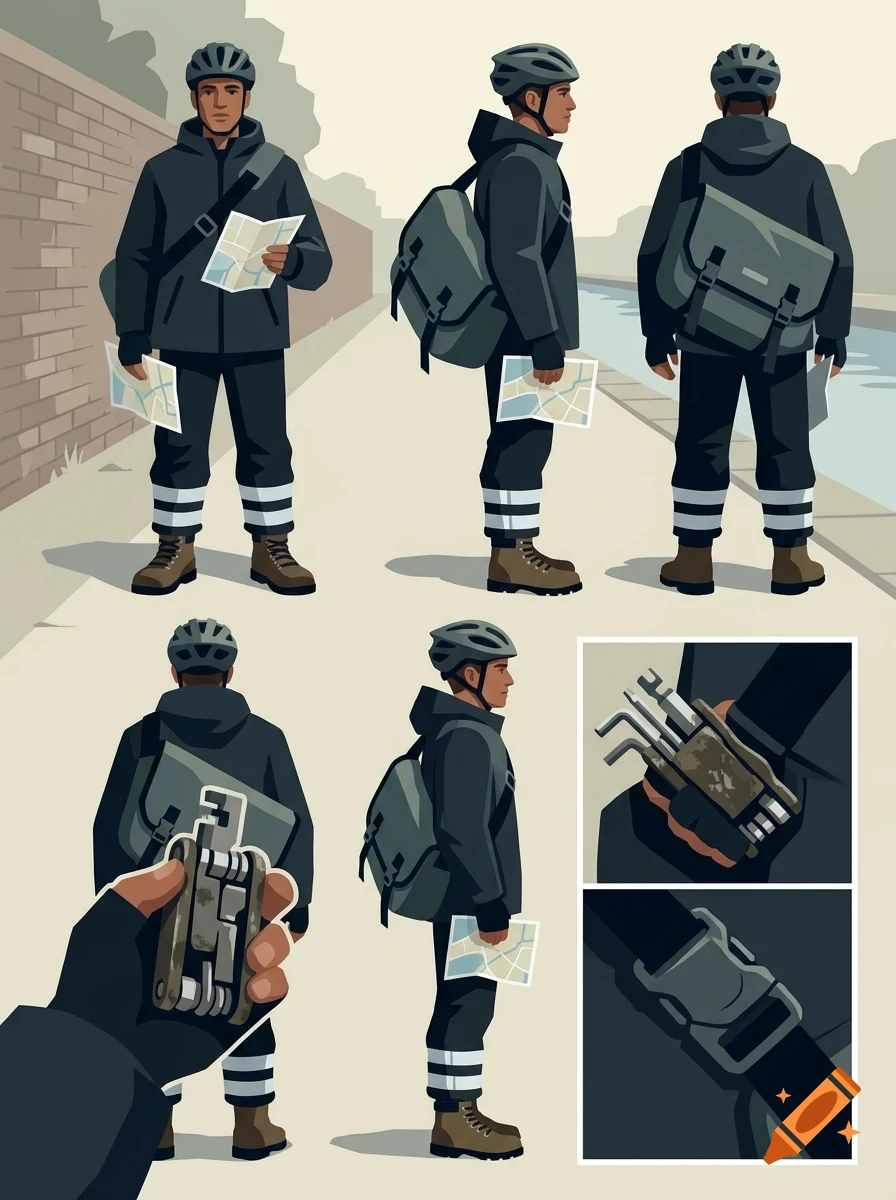 Character design sheet showing multiple views of a delivery cyclist in dark gear with a helmet and backpack.