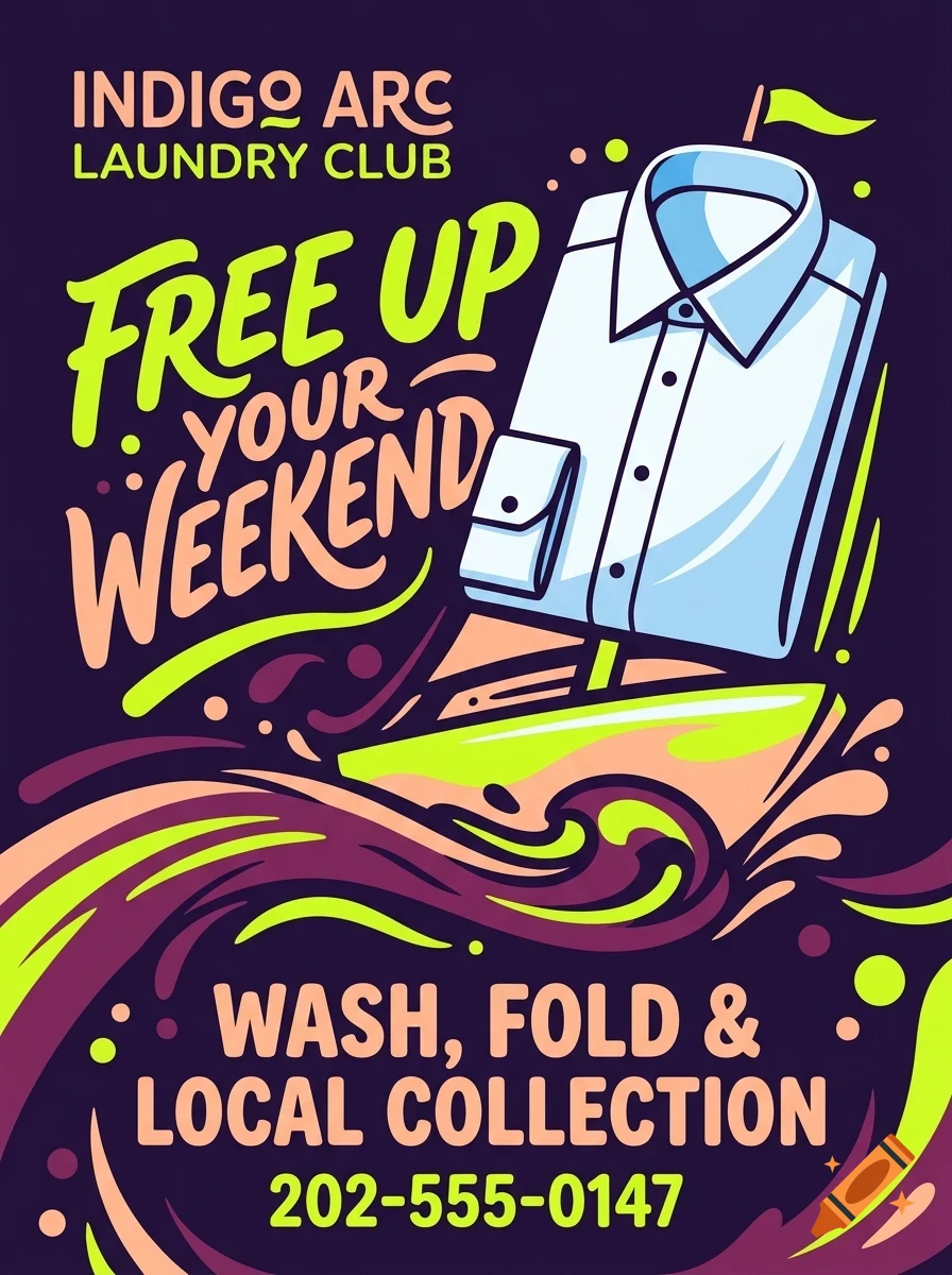 An illustrated poster for Indigo Arc Laundry Club featuring a shirt shaped like a sailboat on waves with promotional text.