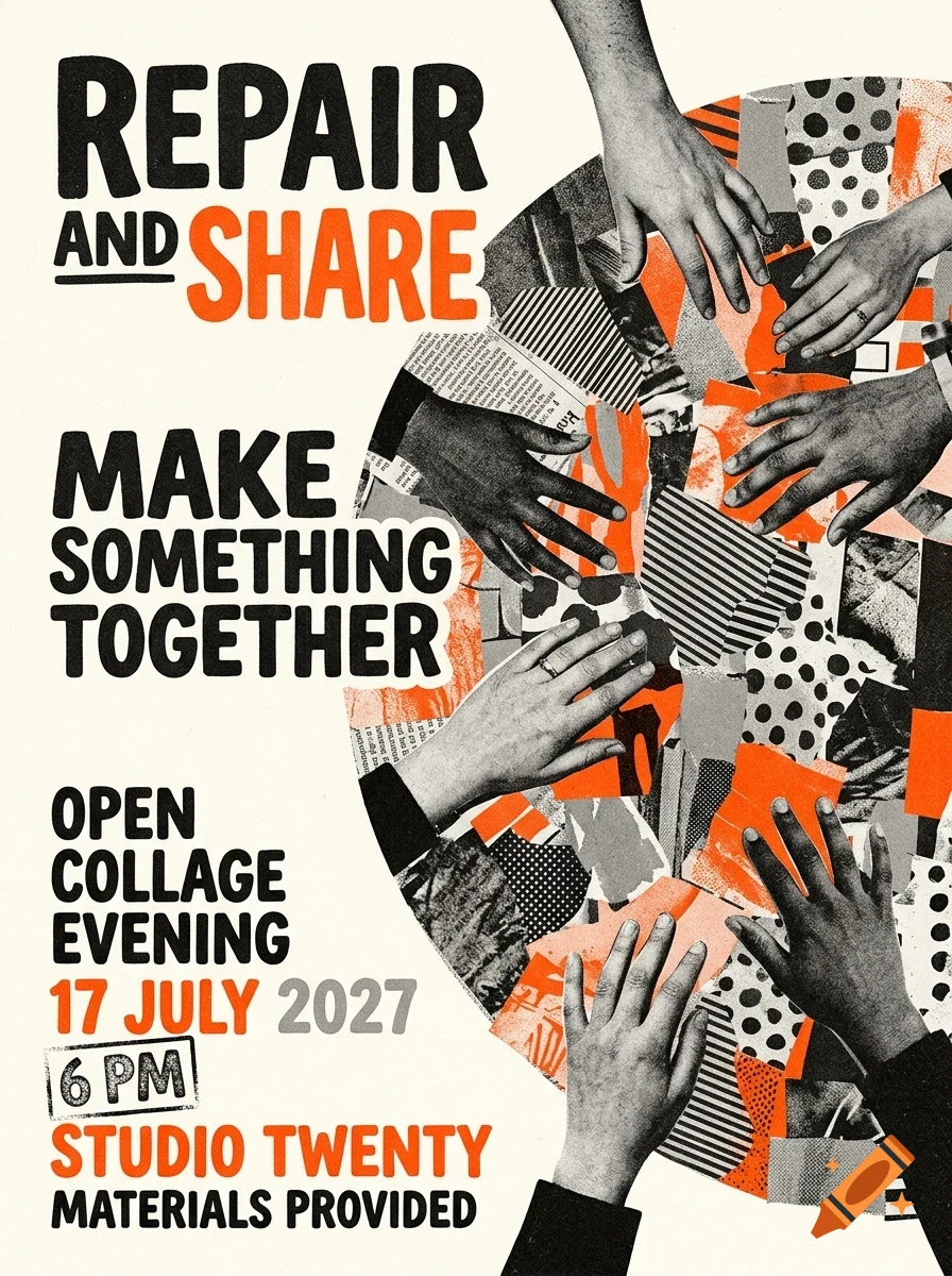A poster with black and orange text reading 'Repair and Share, Make something together' alongside a collage graphic featuring multiple hands.