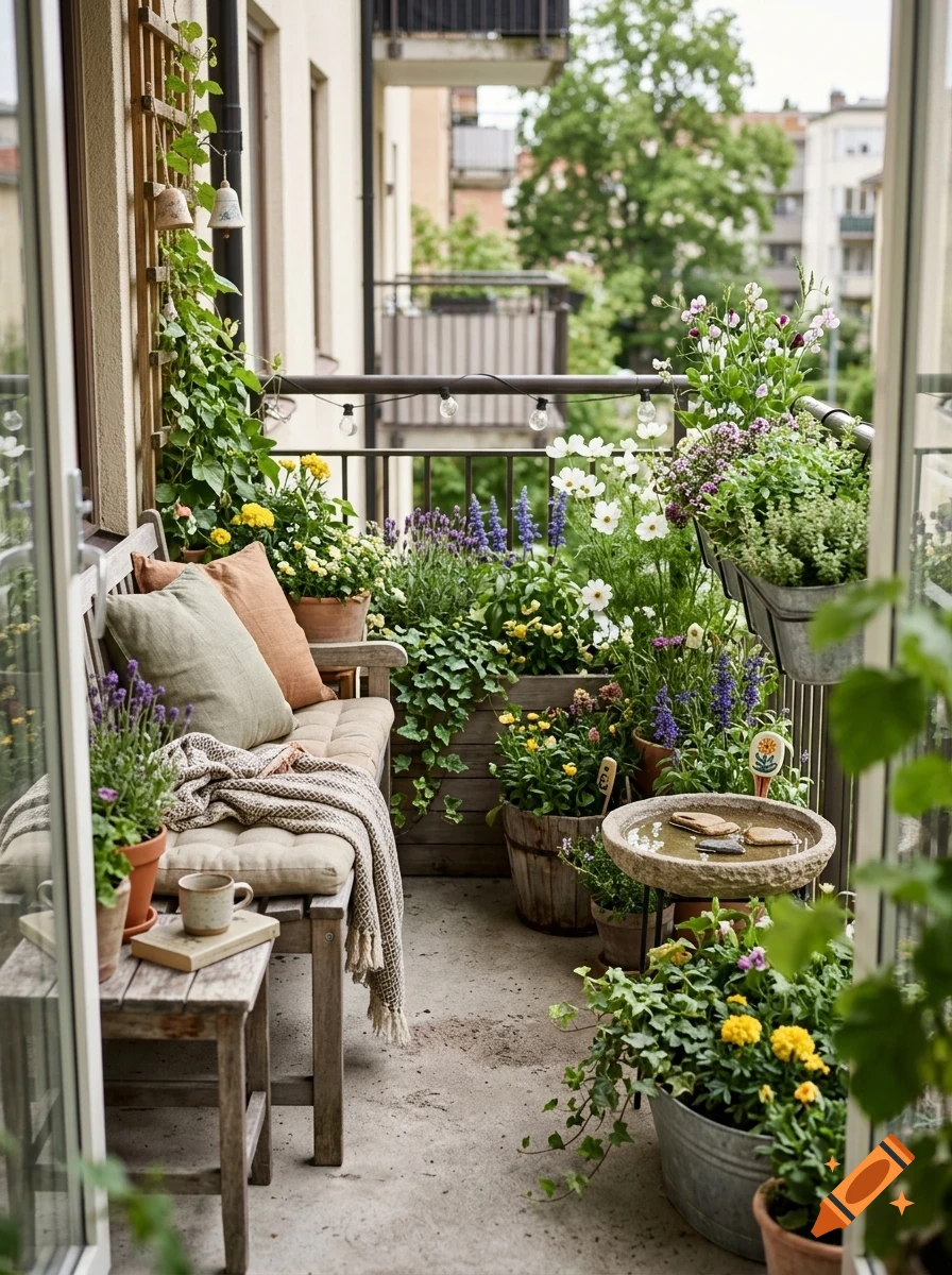 A cozy apartment balcony filled with potted plants, flowers, a wooden bench with cushions, and a birdbath.
