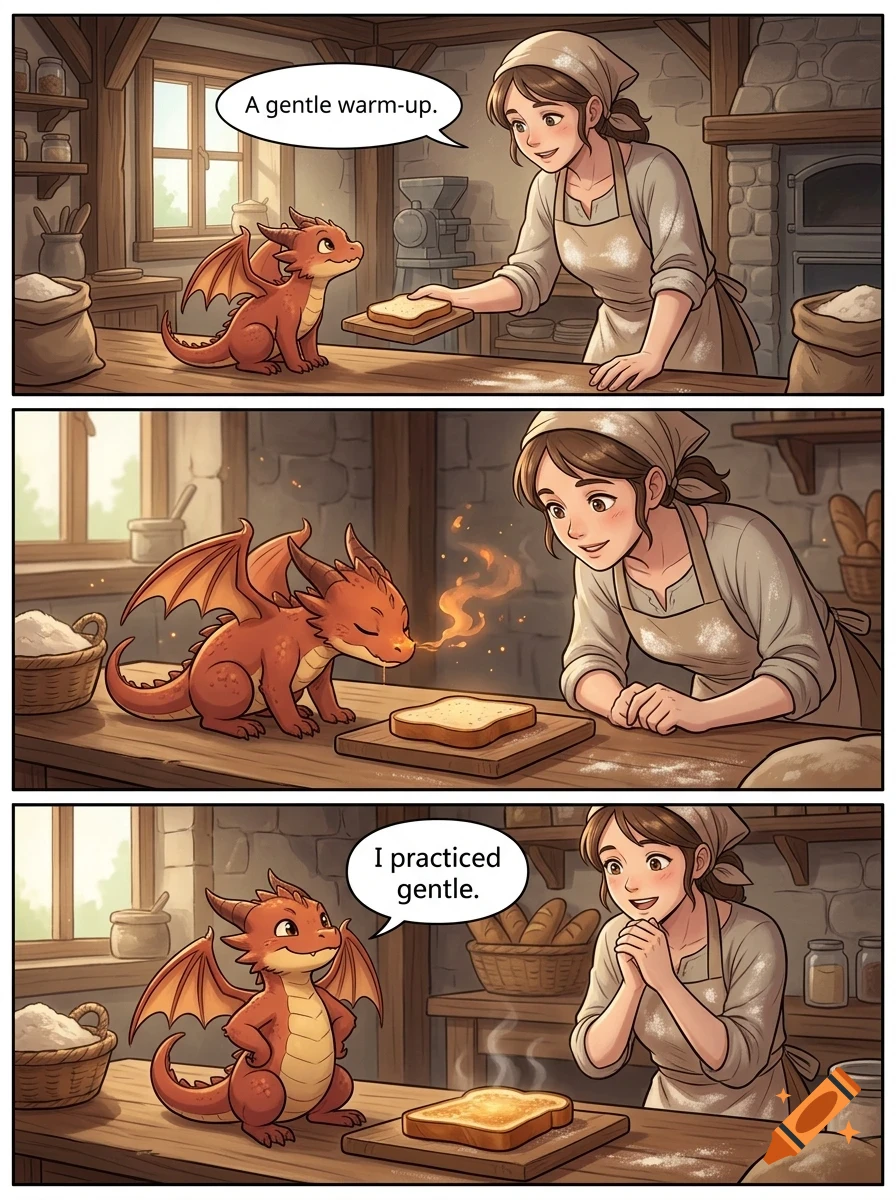 A three-panel comic illustration shows a young woman in a bakery handing a slice of bread to a small red dragon, which uses a gentle puff of fire to toast it.