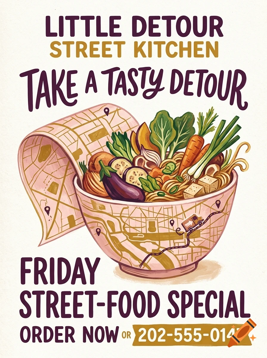 An illustrated poster for Little Detour Street Kitchen featuring a bowl of noodles and vegetables with a map design and text.