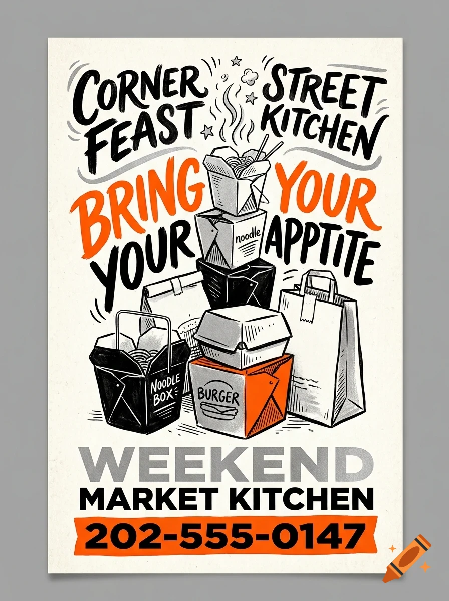 An illustration of takeout food containers and bags surrounded by bold lettering reading Corner Feast Street Kitchen.