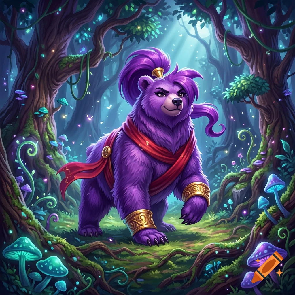 Digital illustration of a large purple bear with a ponytail, red sash, and golden armbands standing in a magical glowing forest.