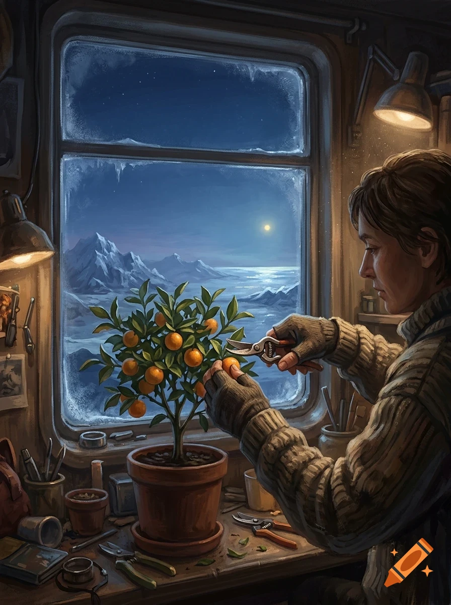 A person in a cozy interior trims a potted citrus tree with small clippers, with a snowy mountain landscape visible through a frosty window.