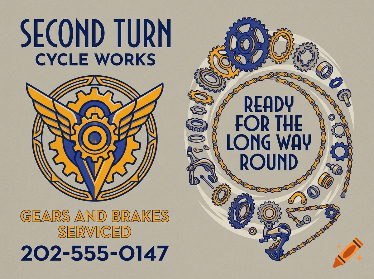 An illustrated design with bicycle gears, a chain, and text reading 'Second Turn Cycle Works' and 'Ready for the long way round'.