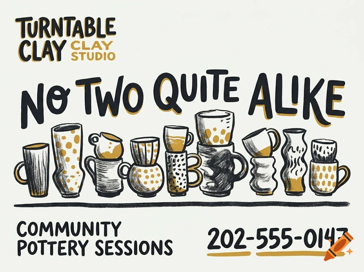 An illustrated poster for Turntable Clay Studio featuring various handmade ceramic mugs and pottery with the text No two quite alike.