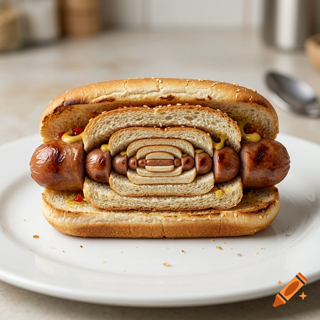 Photorealistic image of a hot dog nested inside another hot dog, in an infinite fractal illusion, served on a white plate.