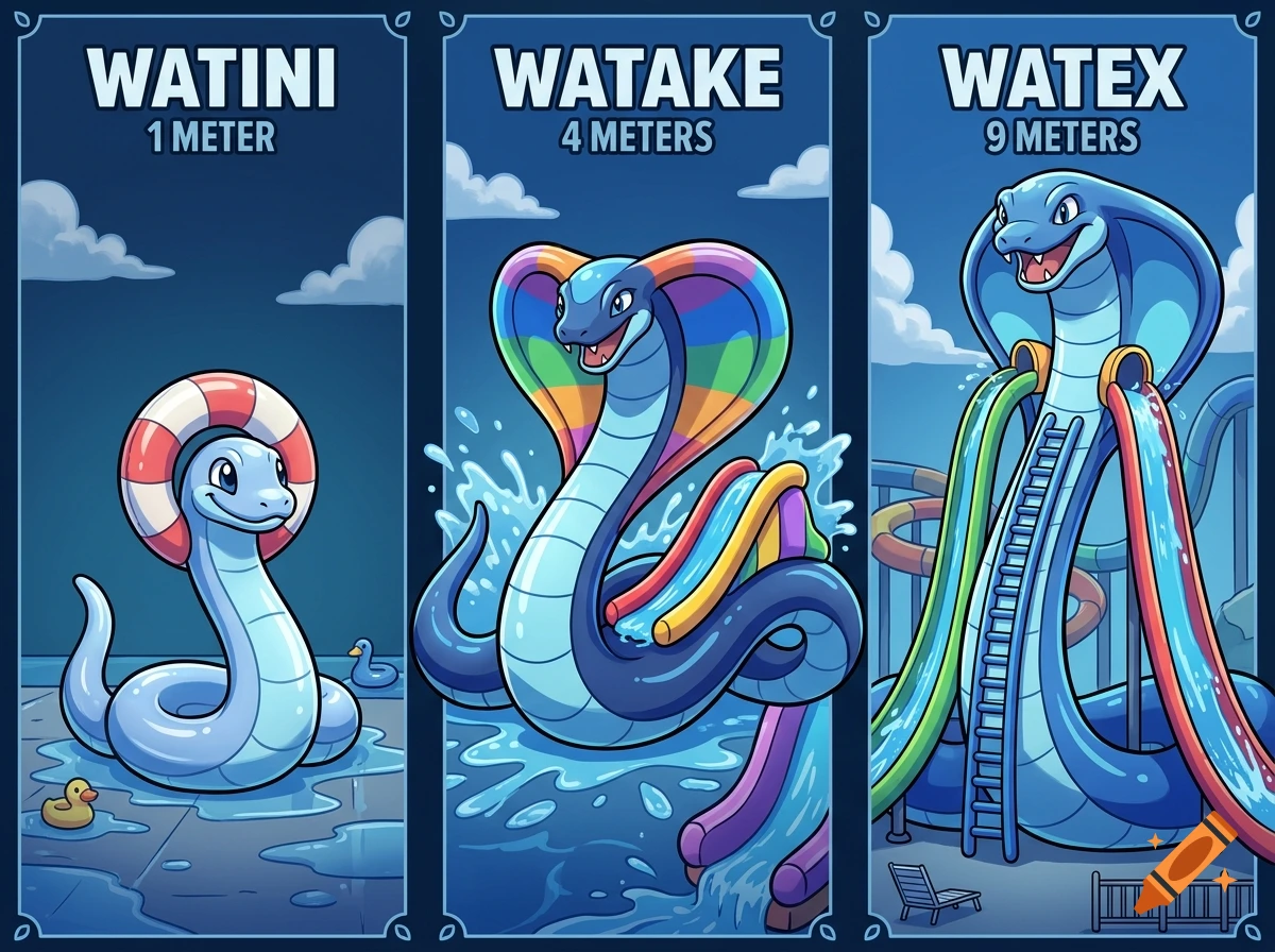 A three-panel cartoon illustration showing the evolutionary stages of a blue snake-like creature at a water park.