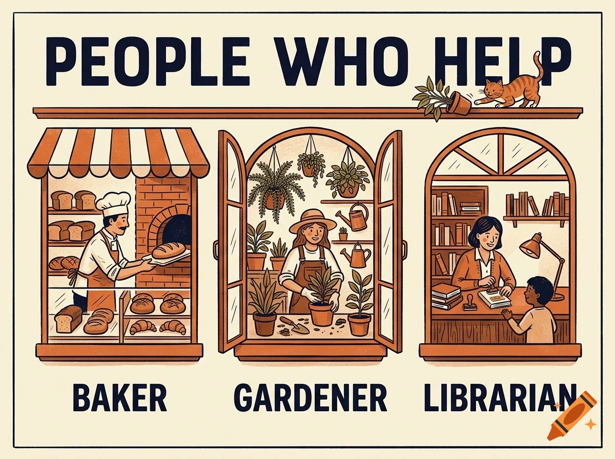 An illustrated poster titled People Who Help featuring three panels showing a baker with bread, a gardener with plants, and a librarian with a child.
