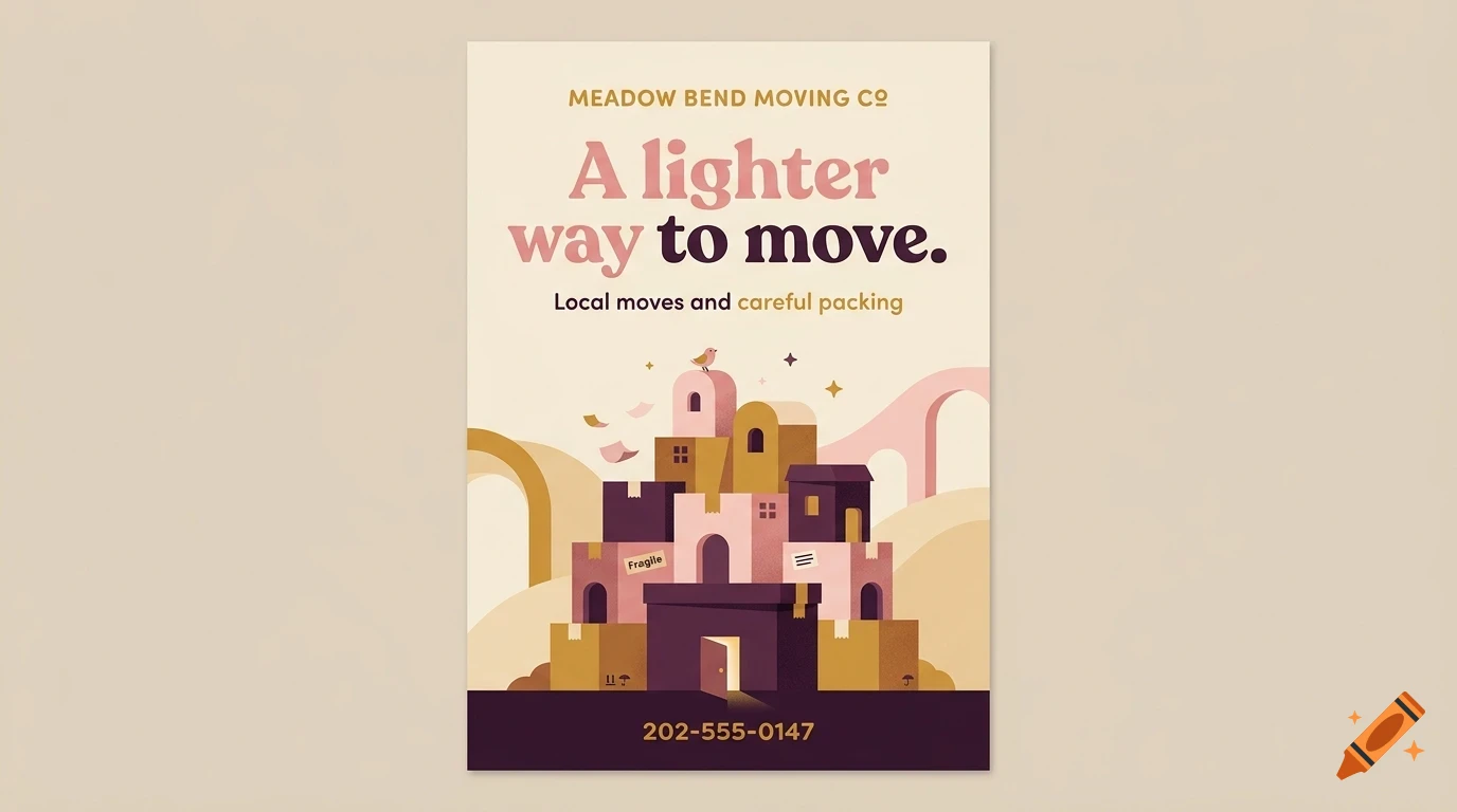 An illustrated poster for Meadow Bend Moving Co featuring a stack of cardboard boxes shaped like buildings.
